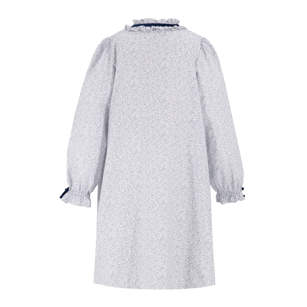 A light gray and white micro-patterned long-sleeve dress with a ruffled collar and elasticized cuffs, shown from the back on a white background.