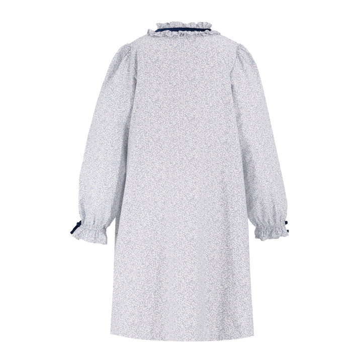 A light gray and white micro-patterned long-sleeve dress with a ruffled collar and elasticized cuffs, shown from the back on a white background.