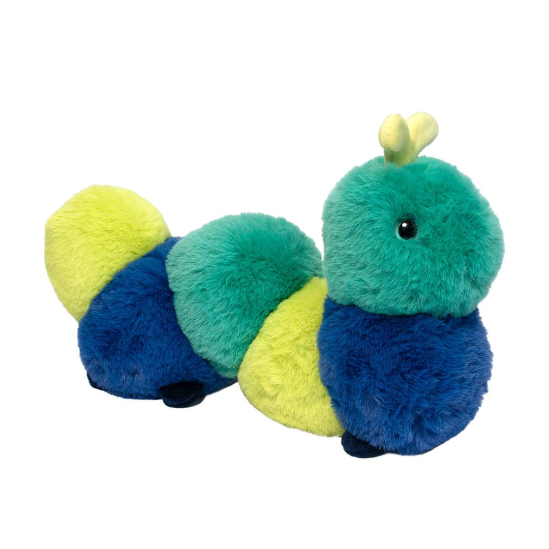 Plush toy caterpillar with green, blue, and yellow segments on a white background