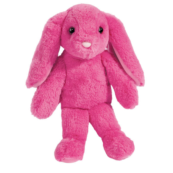 Pink plush bunny toy on a white background