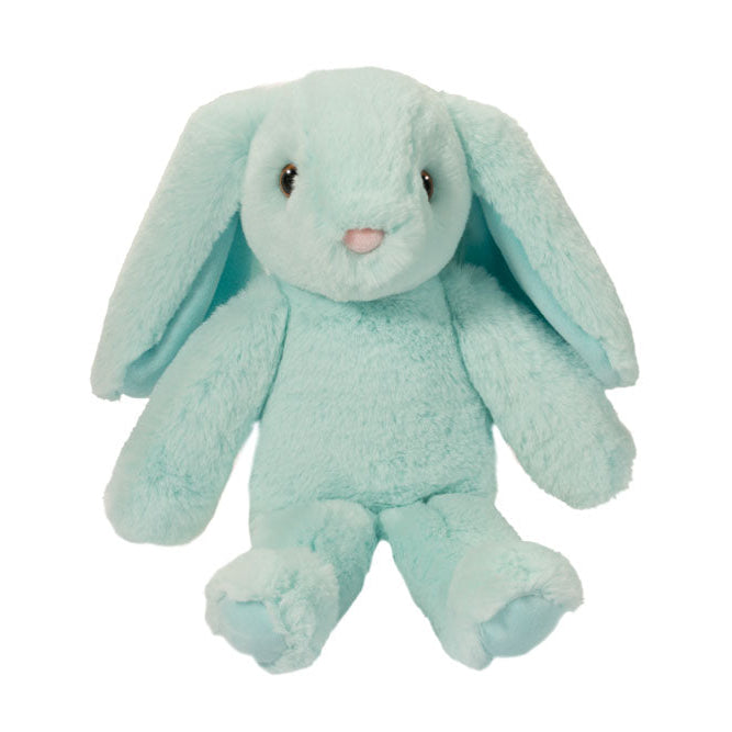 Light blue plush bunny toy on a white background