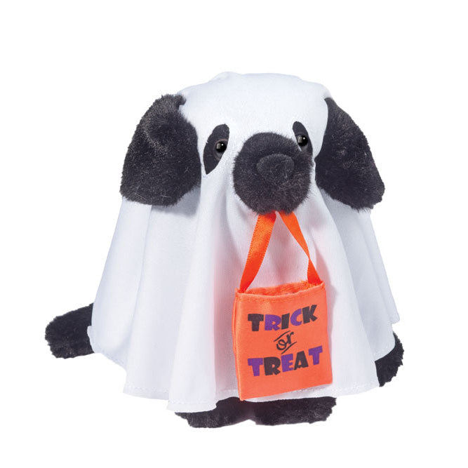 Dog toy dressed as a ghost with a &