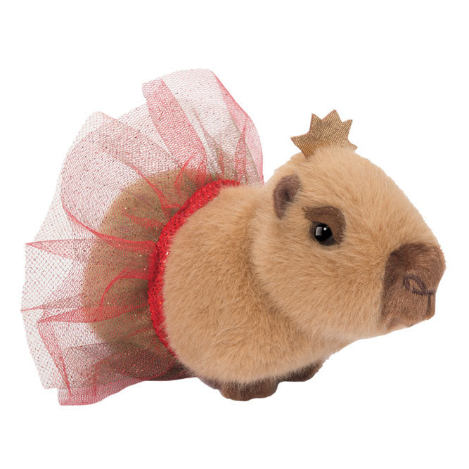 Small animal, possibly a guinea pig, wearing a red and white tutu on a white background