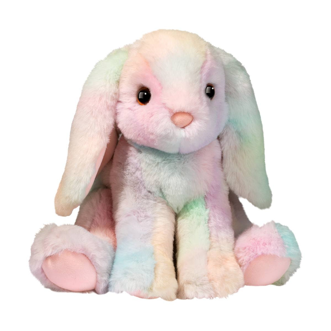 Pastel-colored plush bunny toy on a white background