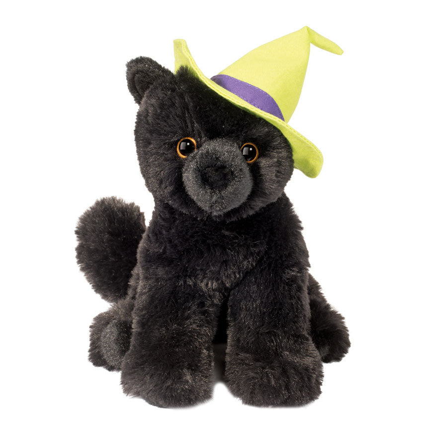 Plush black cat toy with a bright green witch hat on a white background