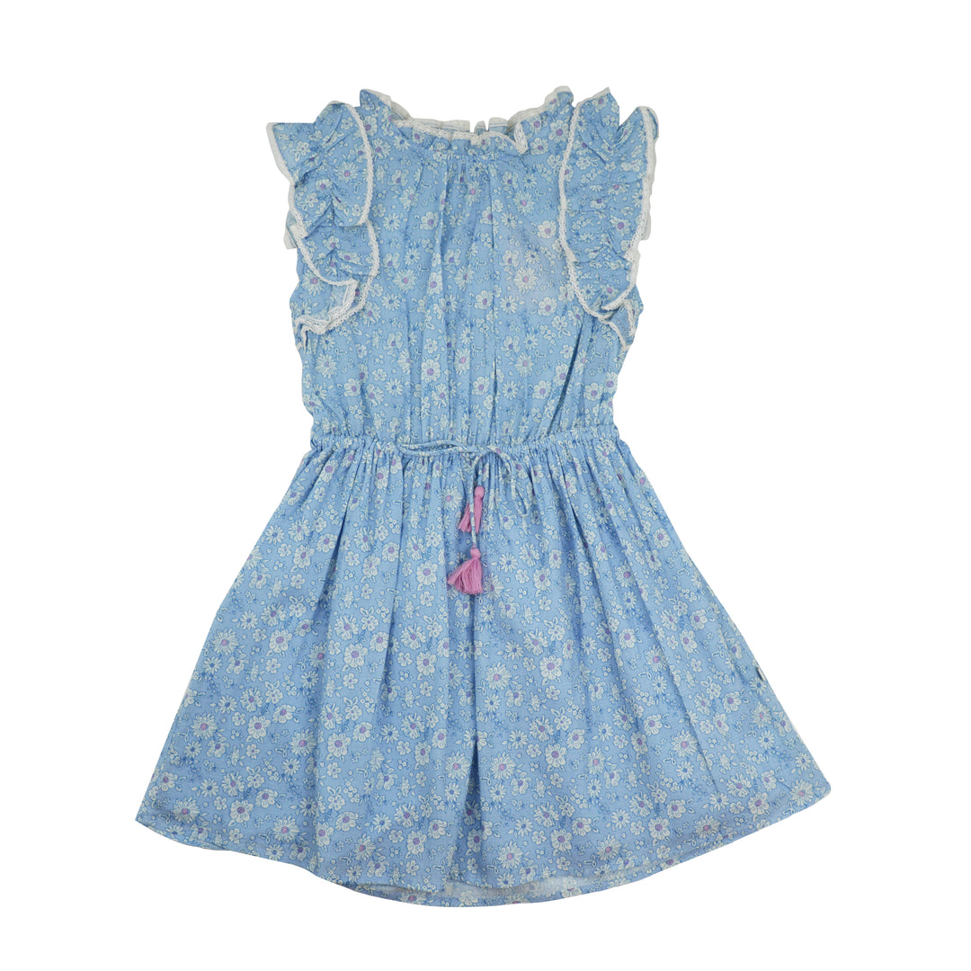 Blue floral dress with ruffled sleeves on a white background