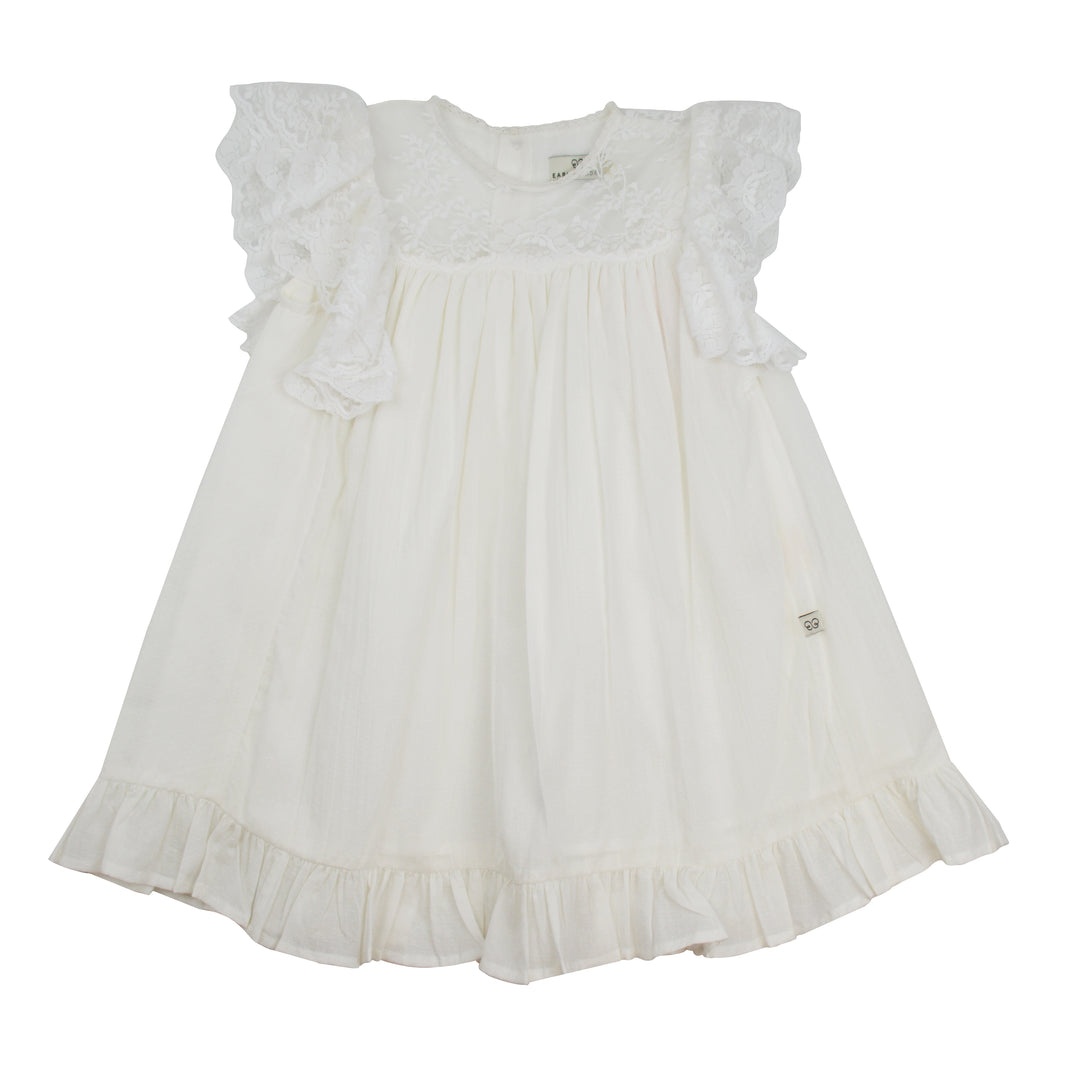 White dress with ruffled sleeves on a white background