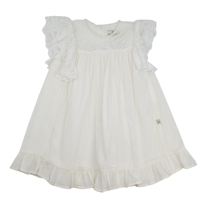 White dress with ruffled sleeves on a white background