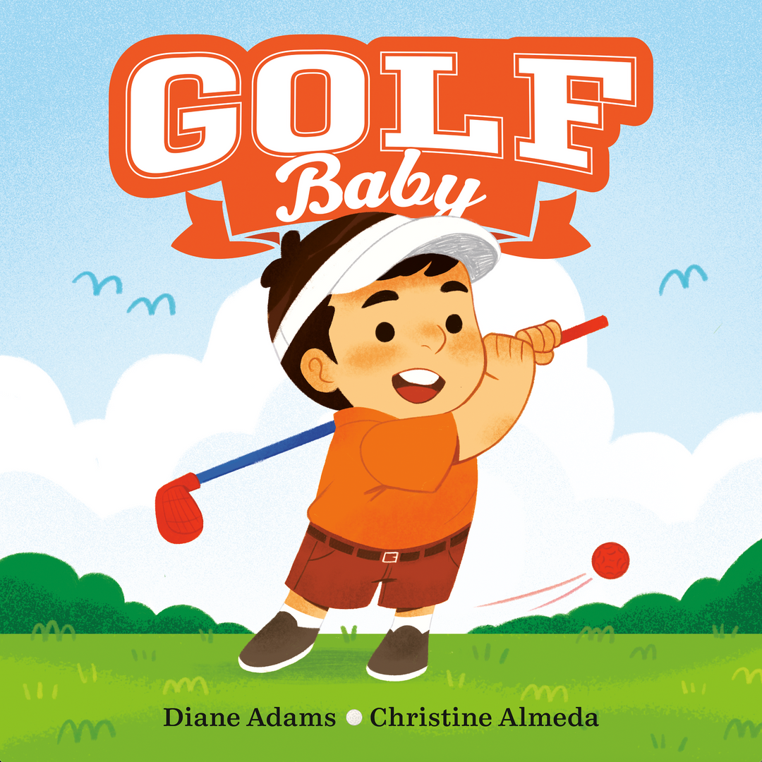 Book cover of 'Golf Baby' with a cartoon character holding a golf club.