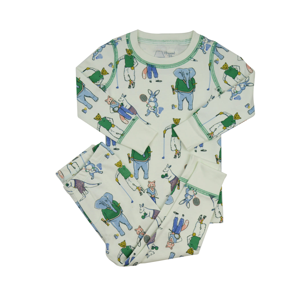 Children's pajama set with animal print on a white background