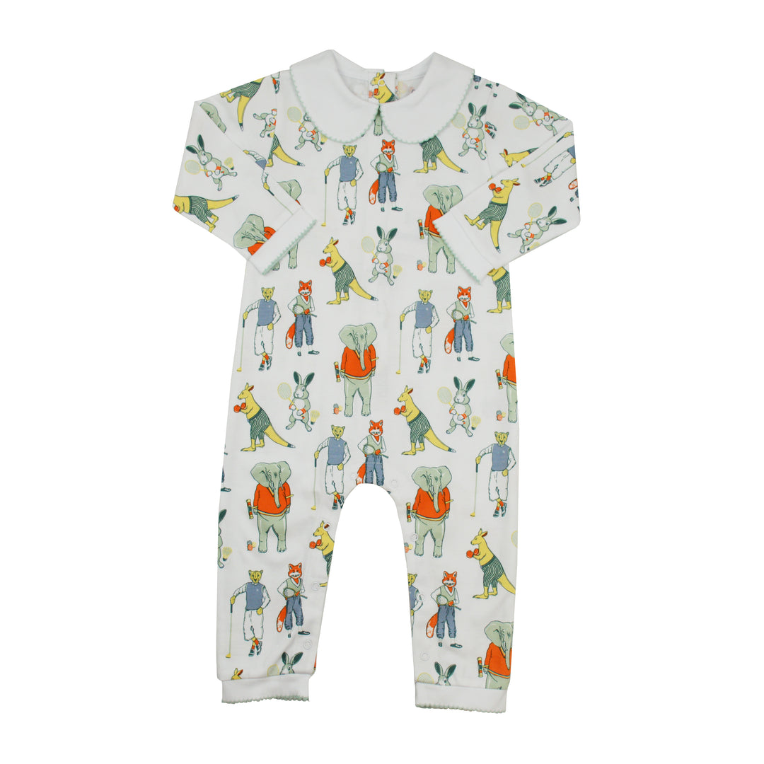 Baby onesie with animal pattern on a white background