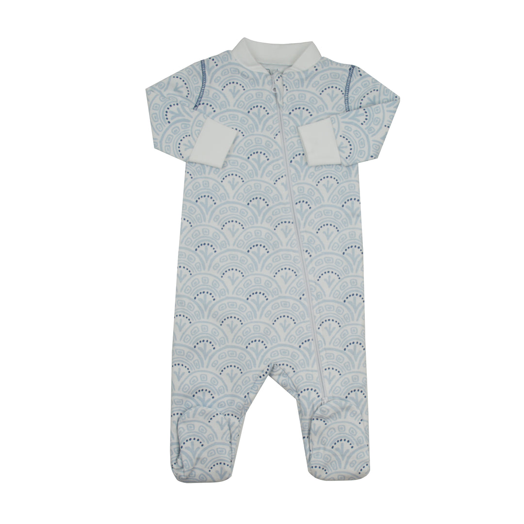 Baby onesie with a blue and white pattern on a white background