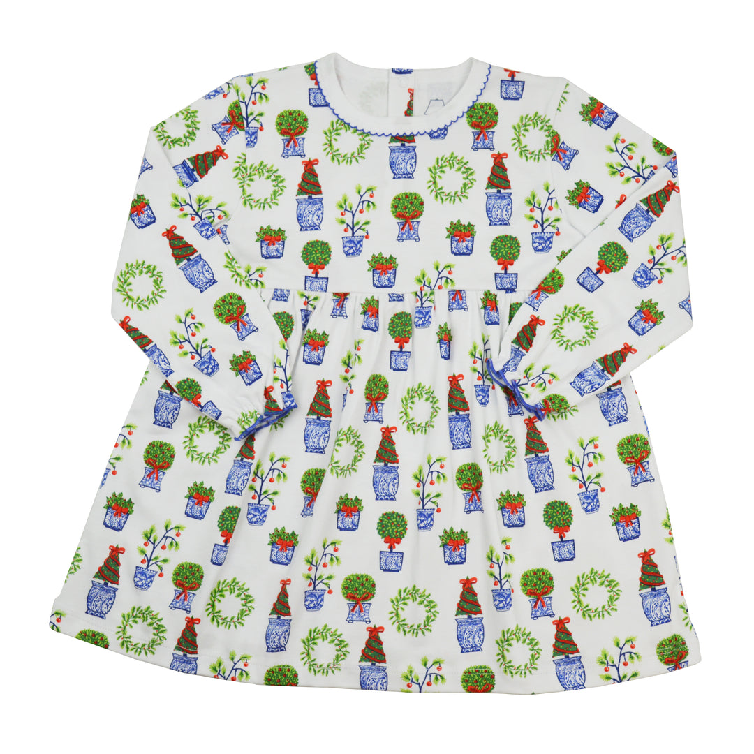 Dress with festive pattern of potted plants and wreaths on a white background