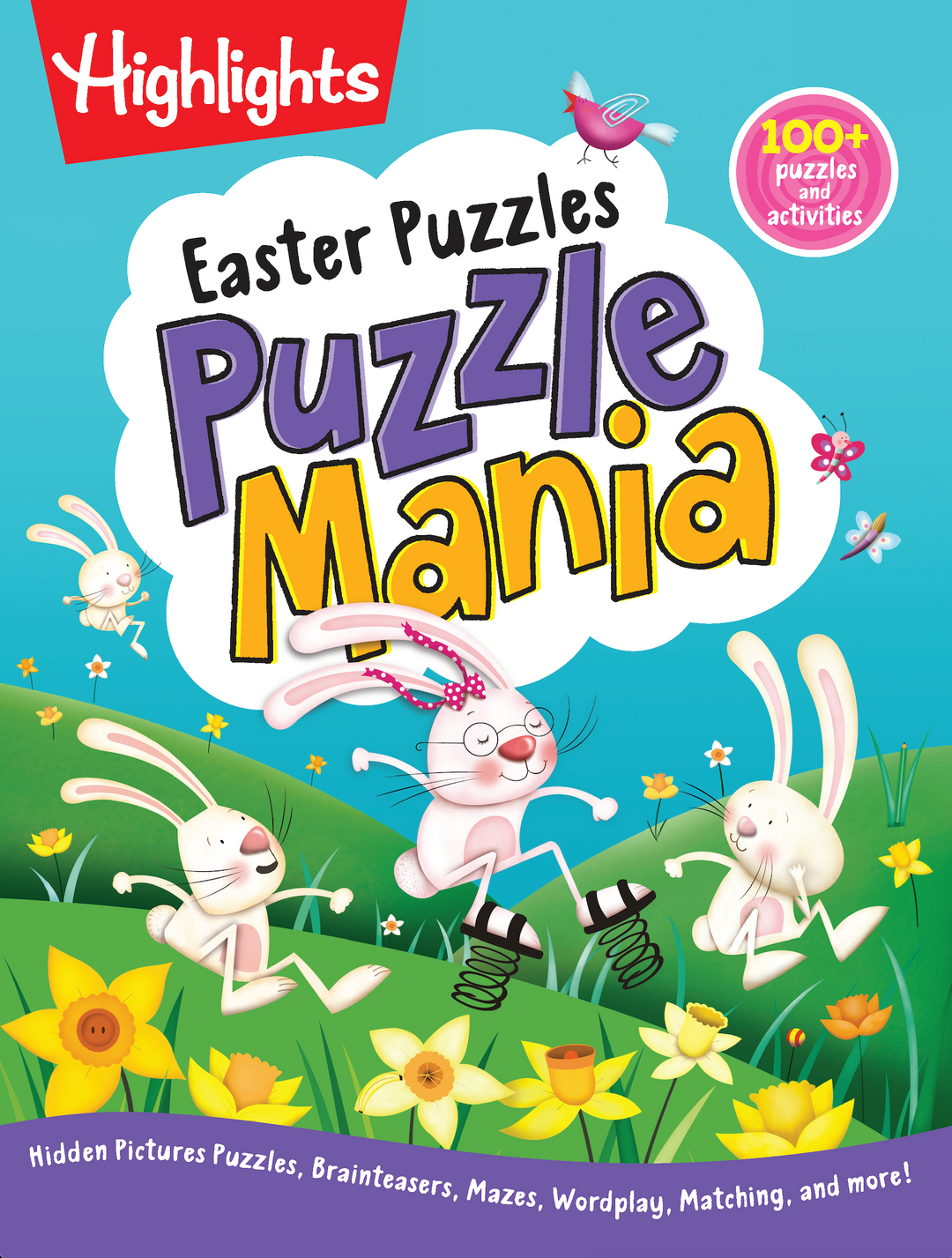 Book cover of 'Easter Puzzles Puzzle Mania' with cartoon bunnies and flowers on a blue background.