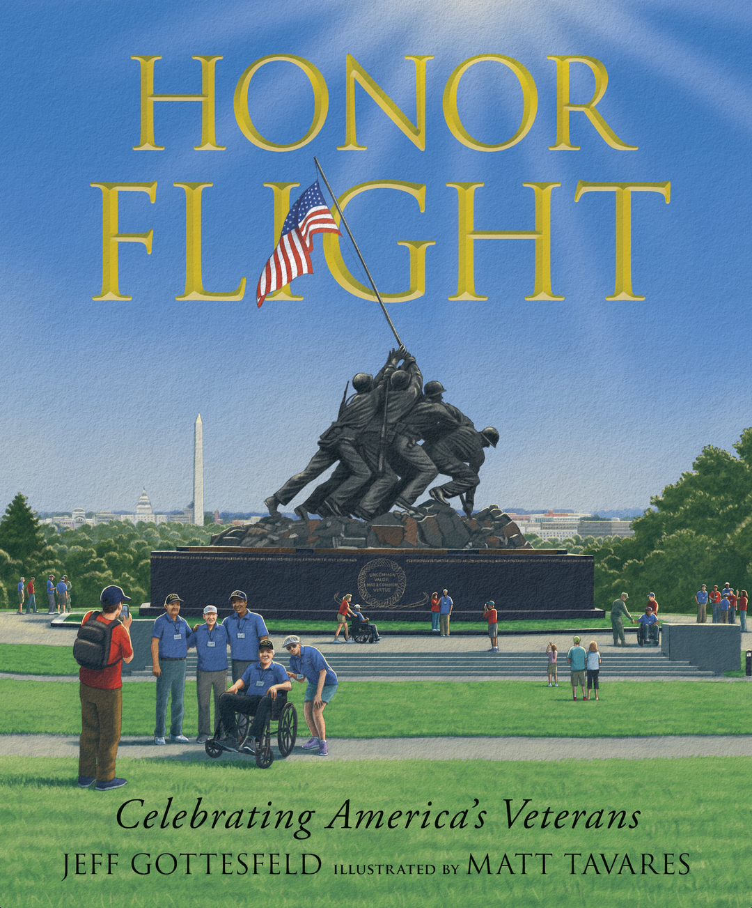 Book cover of 'Honor Flight' with a statue and American flag, featuring text about celebrating veterans.