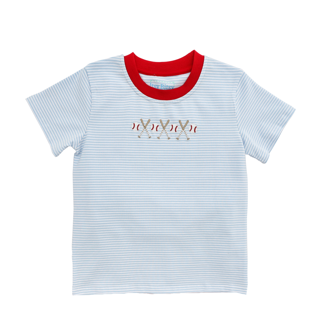 Striped t-shirt with red collar on a white background