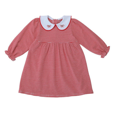 Red and white striped dress with a white collar on a white background with red bows on the collar