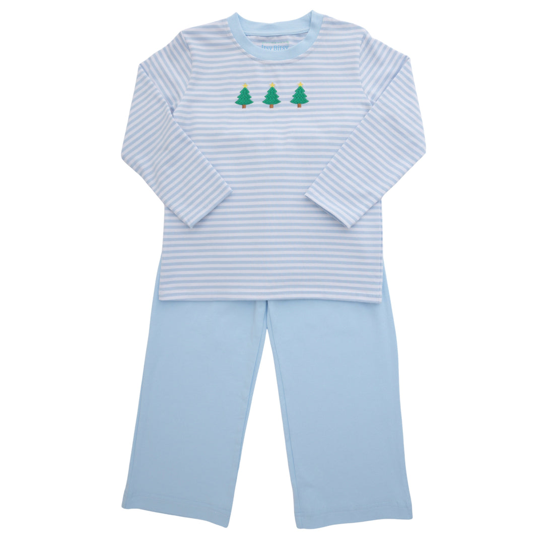 A two-piece children's set featuring a light blue and white striped long-sleeve top with three small embroidered Christmas trees on the chest, paired with solid light blue pants, shown against a plain white background.