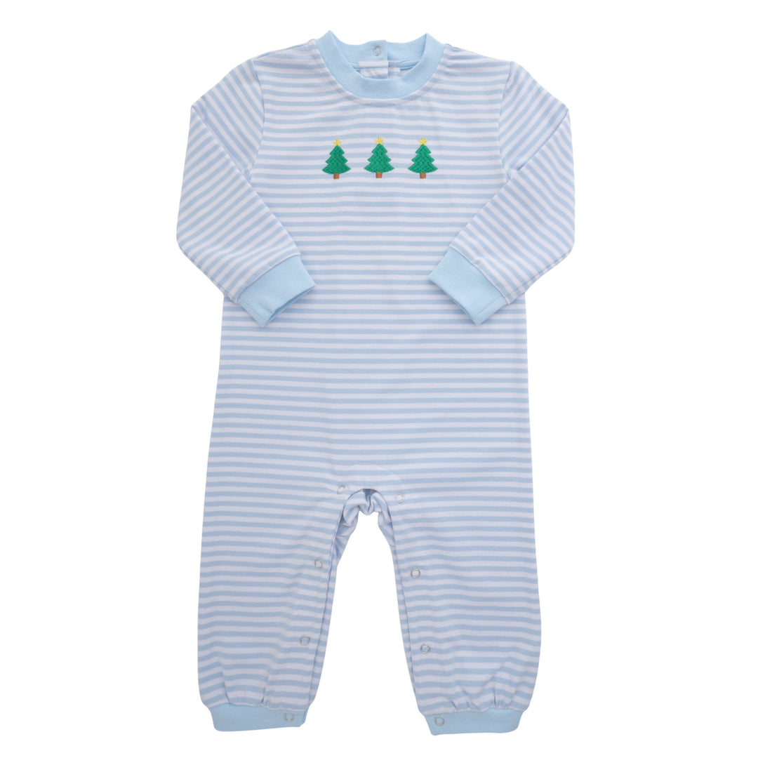 Blue and white striped baby romper with embroidered trees on a white background