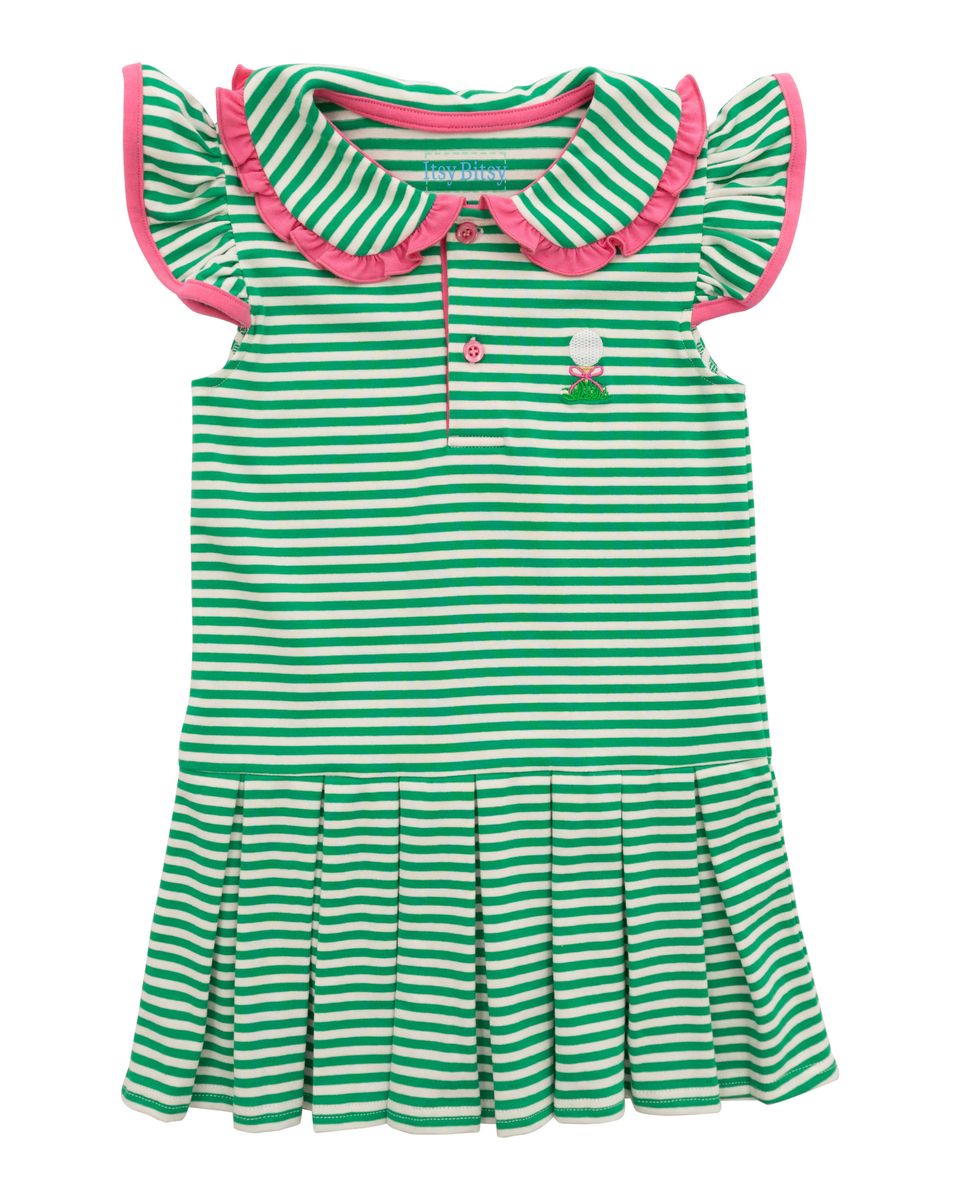 Green and white striped dress with pink trim on a white background