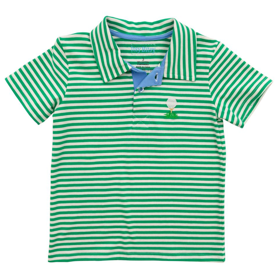 Green and white striped polo shirt with a small golf tee logo on a white background
