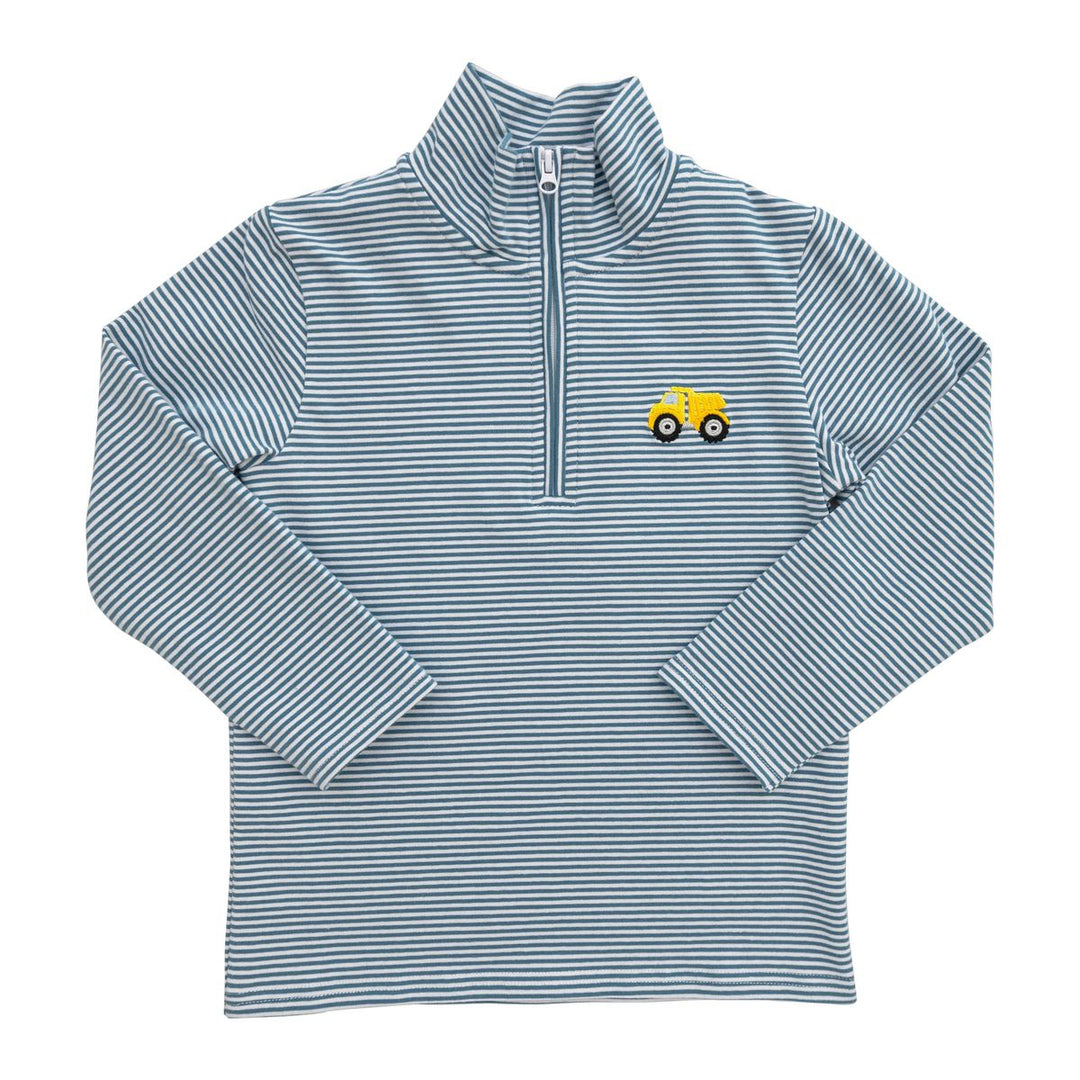 Blue and white striped pullover with a yellow dump truck emblem on a white background