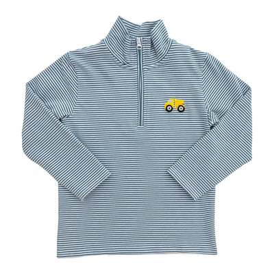 Blue and white striped pullover with a yellow dump truck emblem on a white background