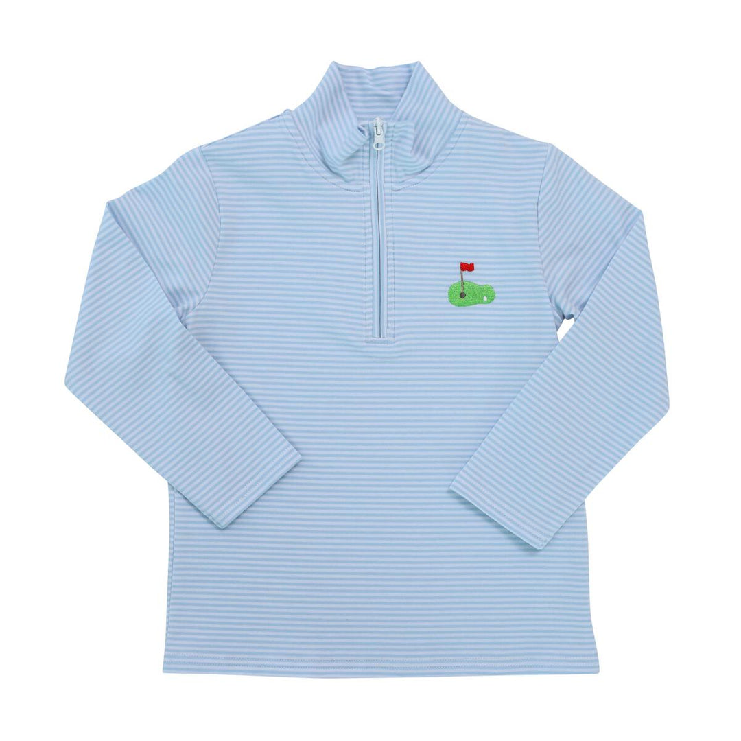 Light blue striped pullover with a small golf green and red flag design