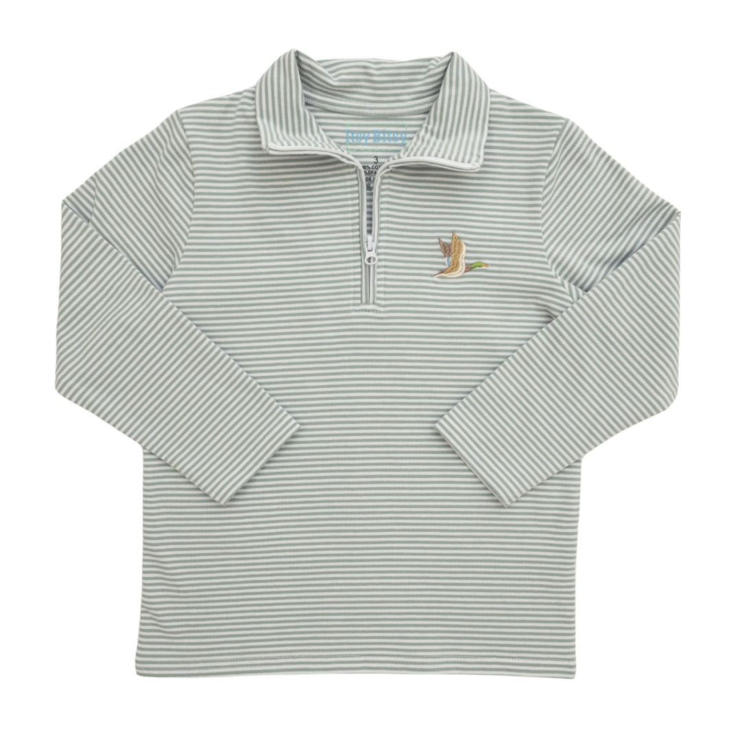 A long-sleeve quarter-zip pullover shirt with fine horizontal stripes in sage green and white. It features a small embroidered bird logo on the left chest and a light blue &