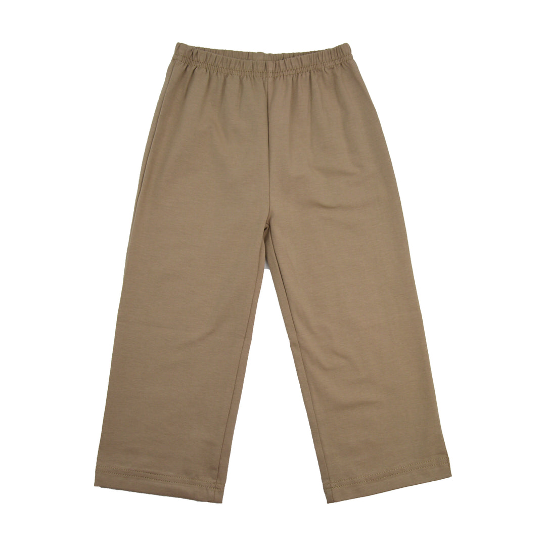 A pair of solid tan wide-leg pants with an elastic waistband, laid flat against a white background.