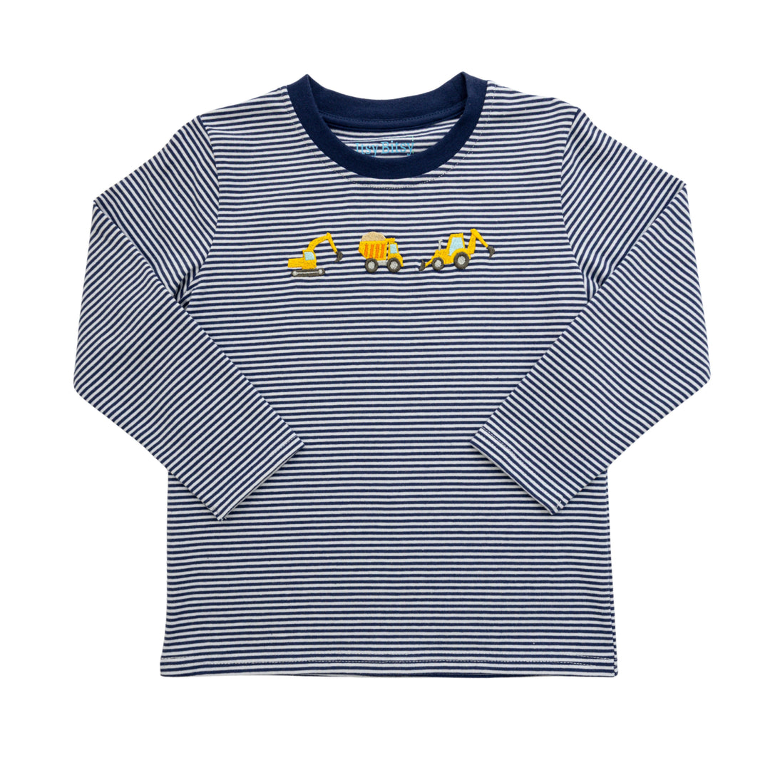 A long-sleeve baby t-shirt with navy and white horizontal stripes, featuring a small embroidered line of yellow construction vehicles on the chest.