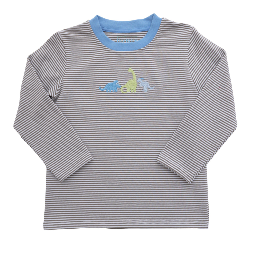 A long-sleeve baby t-shirt with thin gray and white horizontal stripes, featuring a light blue ribbed crew neck and a small embroidered dinosaur motif on the chest.
