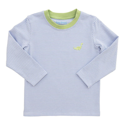 Striped long-sleeve shirt with green collar and dinosaur logo on a white background