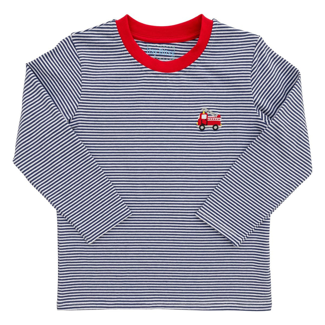 Striped navy long-sleeve shirt with red collar and small fire truck design on a white background