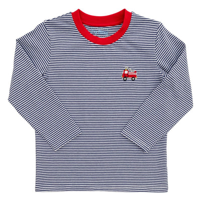 Striped navy long-sleeve shirt with red collar and small fire truck design on a white background