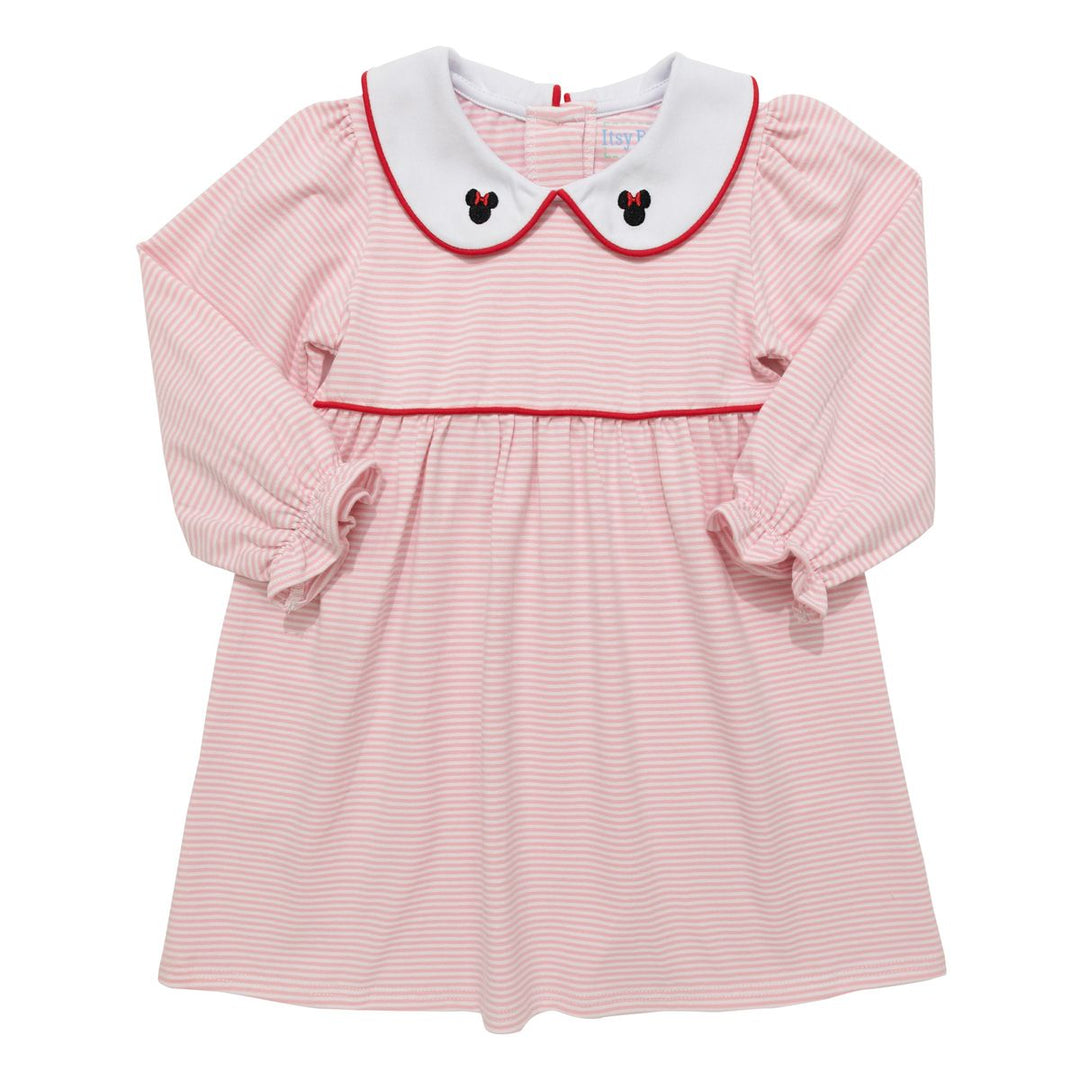 Pink striped dress with white collar and red trim on a white background and mouse embroidery on collar