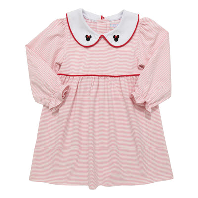 Pink striped dress with white collar and red trim on a white background and mouse embroidery on collar