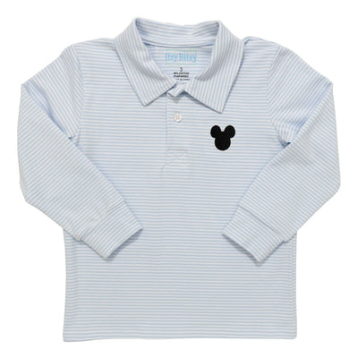 Light blue striped polo shirt with a black mouse icon on a white background