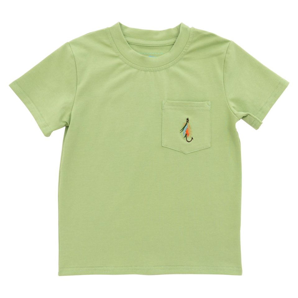 Light green t-shirt with a small pocket and embroidered design on a white background