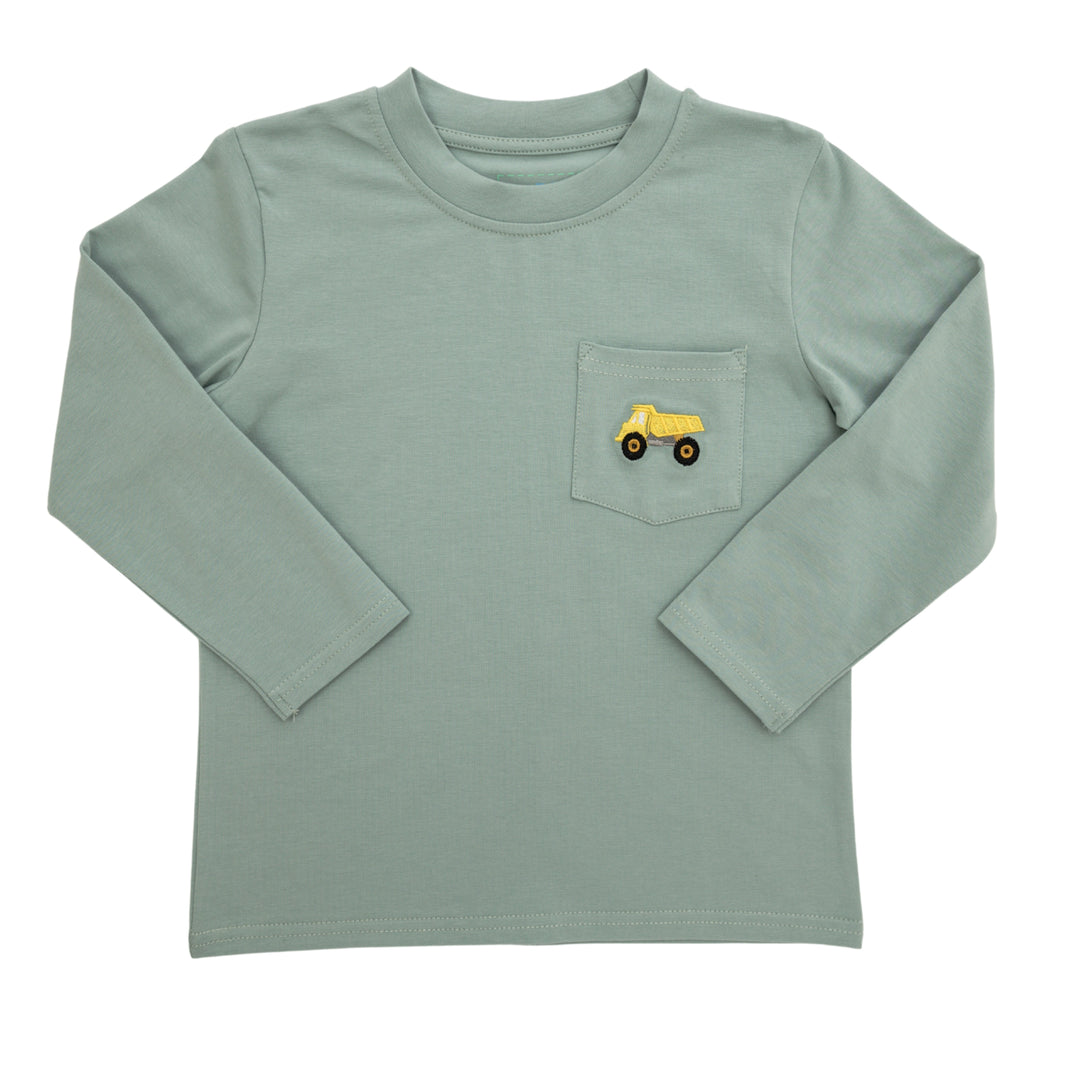 Green long-sleeve shirt with a yellow truck design on a white background