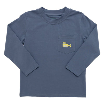 Blue long-sleeve shirt with a yellow excavator design on a white background