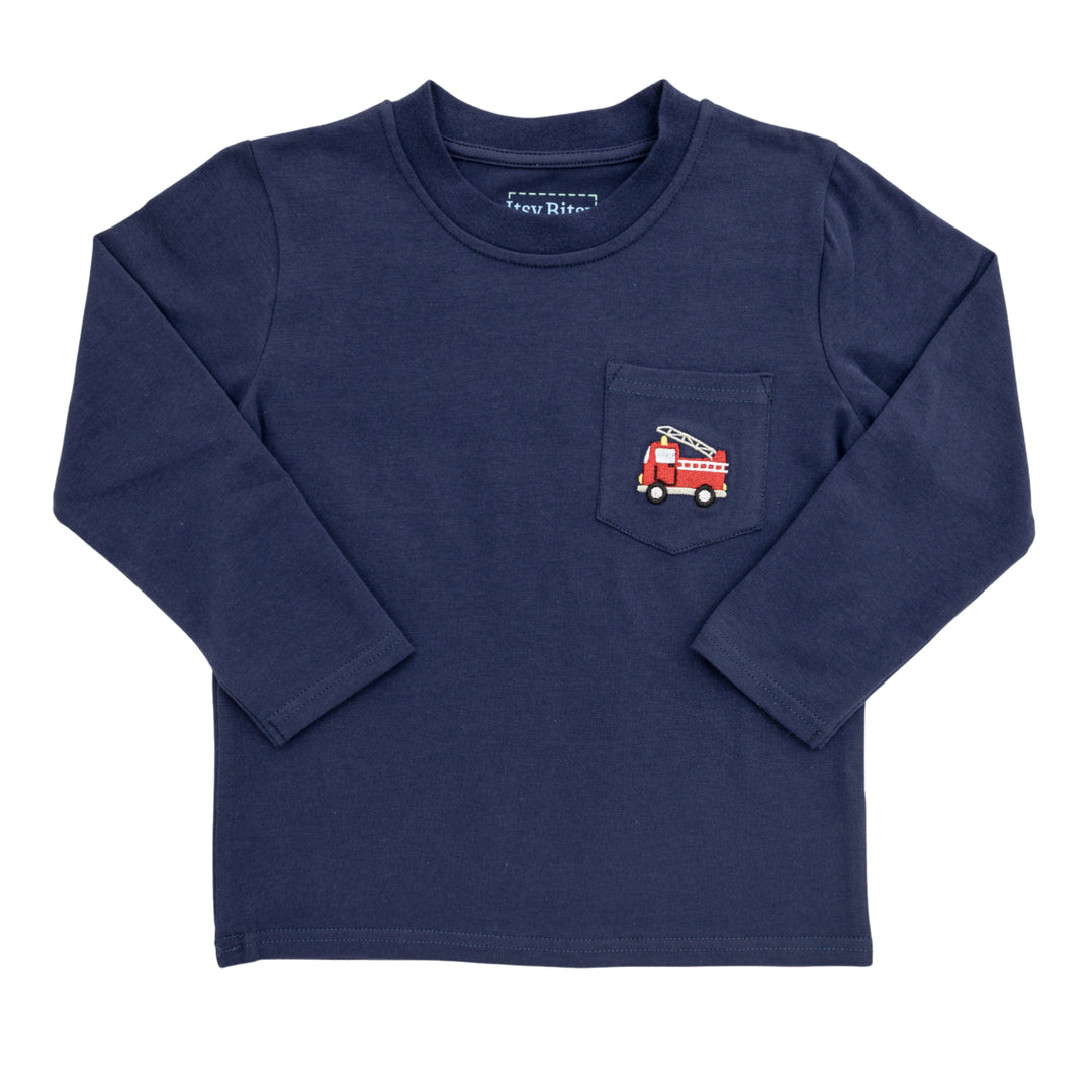 A navy blue long-sleeve crewneck shirt for toddlers, featuring a small embroidered red fire truck on the left chest pocket. The brand name 'Pepp Pips' is visible on the inner neck label.