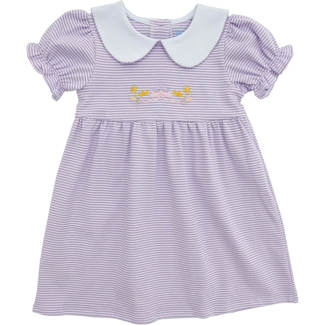 Purple and white striped dress with embroidered details on a white background