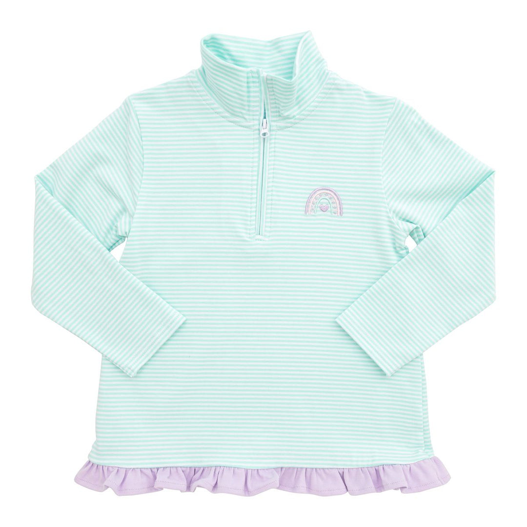 mint green striped pull-over with a small rainbow emblem on a white background