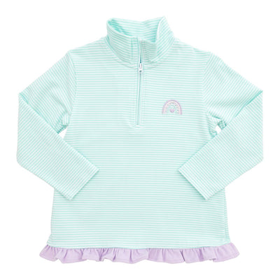 mint green striped pull-over with a small rainbow emblem on a white background