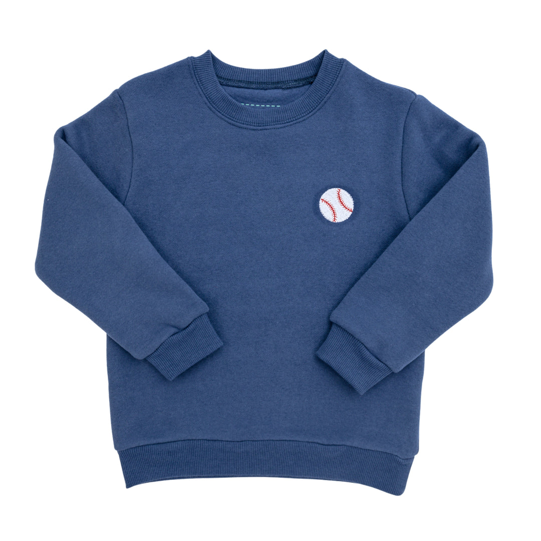 Blue sweatshirt with a baseball graphic on a white background