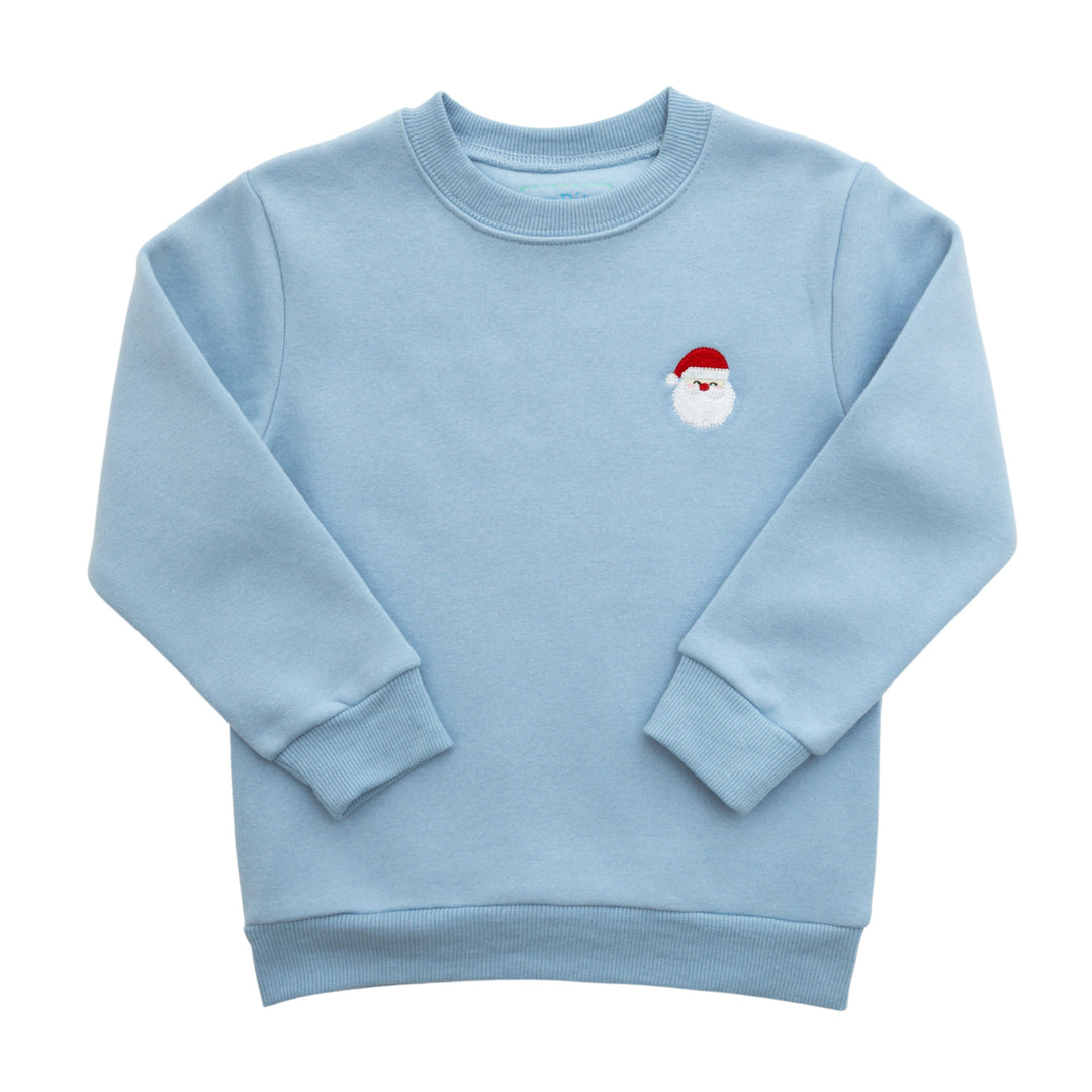 Light blue sweatshirt with a small embroidered design on a white background