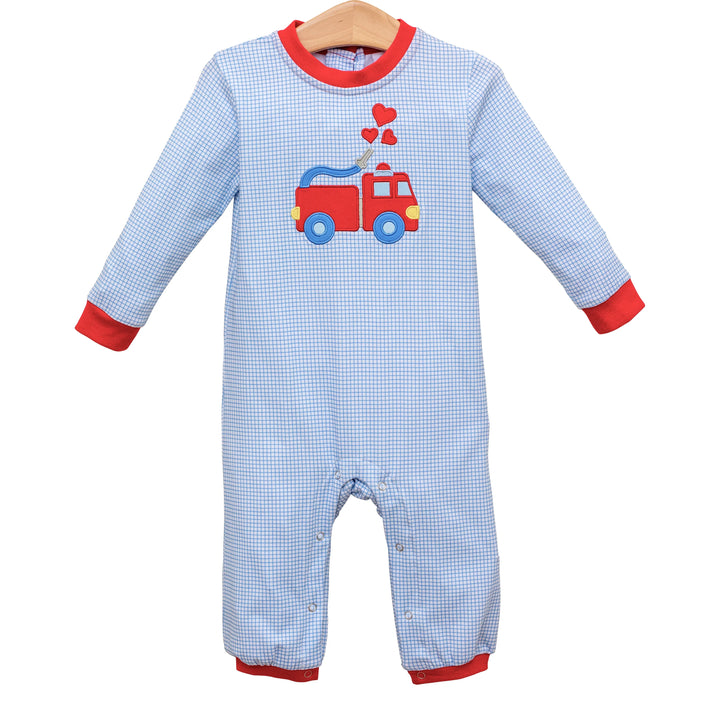 Baby romper with a fire truck valentine design on a white background