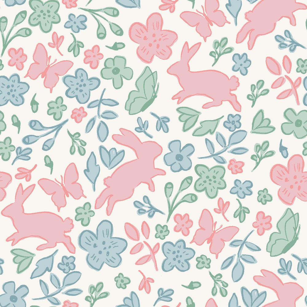 Pattern of pink bunnies and flowers on a white background
