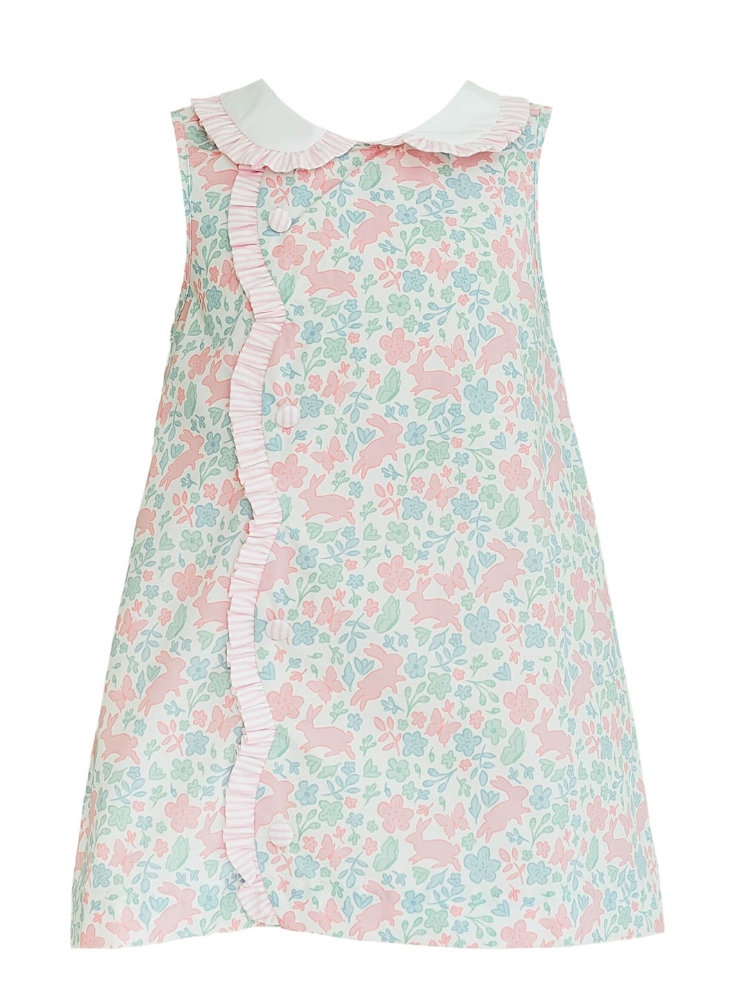 Floral patterned dress with ruffled collar on a white background